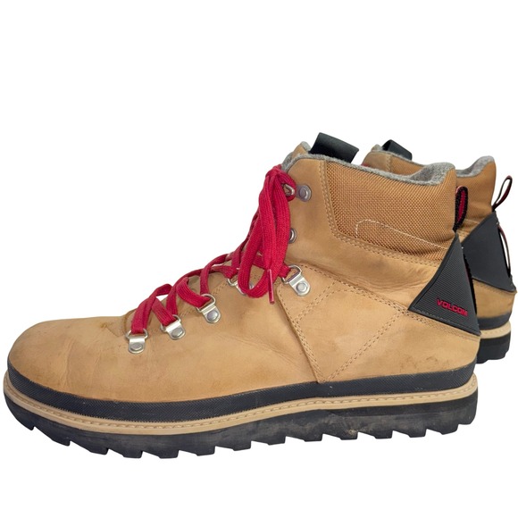 Volcom Mens Hiking Boots Leather Tan Red Laces Back Stripe Detail Size 12 - Picture 1 of 7